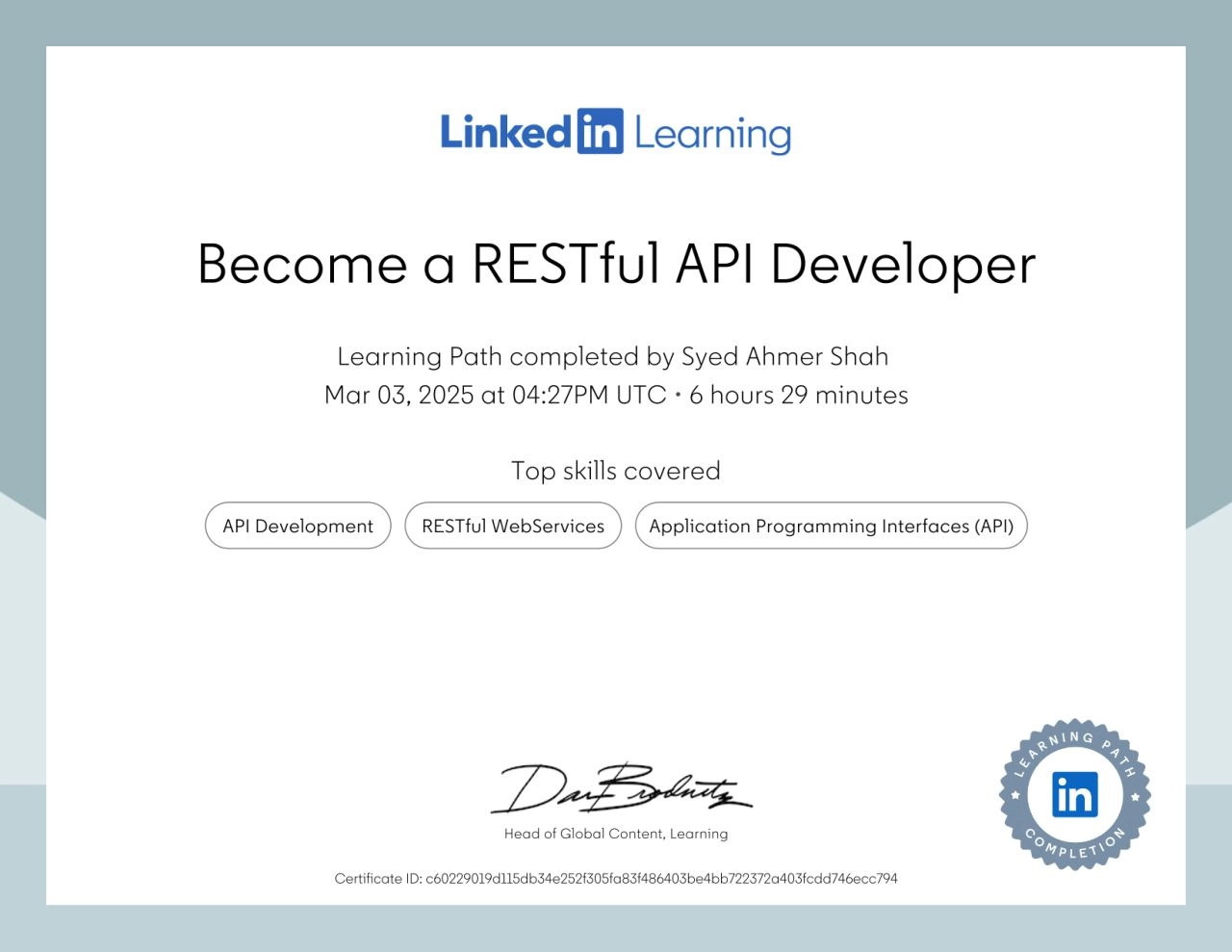Certified Become a RESTful API Developer Certificate