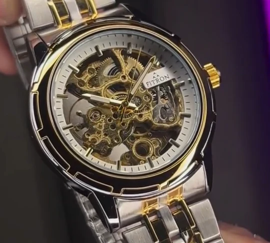skeleton gold steel automatic watch