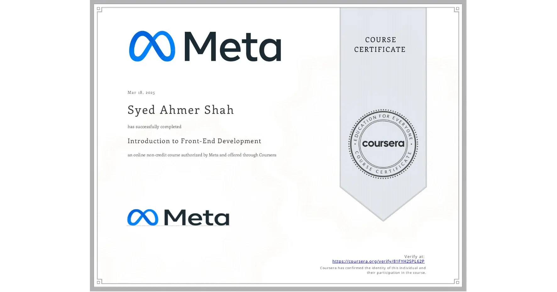 Certified Introduction to Front-End Development Certificate