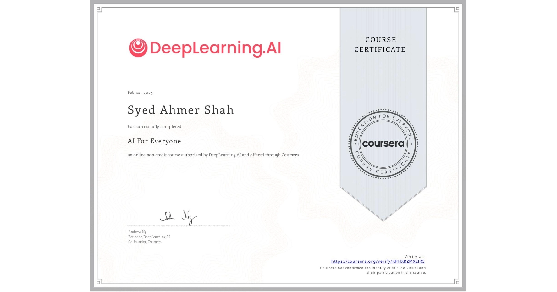 Certified AI For Everyone Certificate