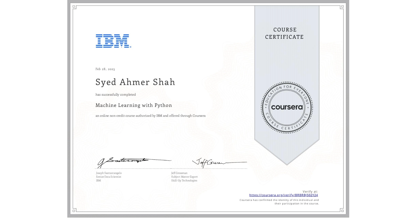Certified Machine Learning Specialist Certificate